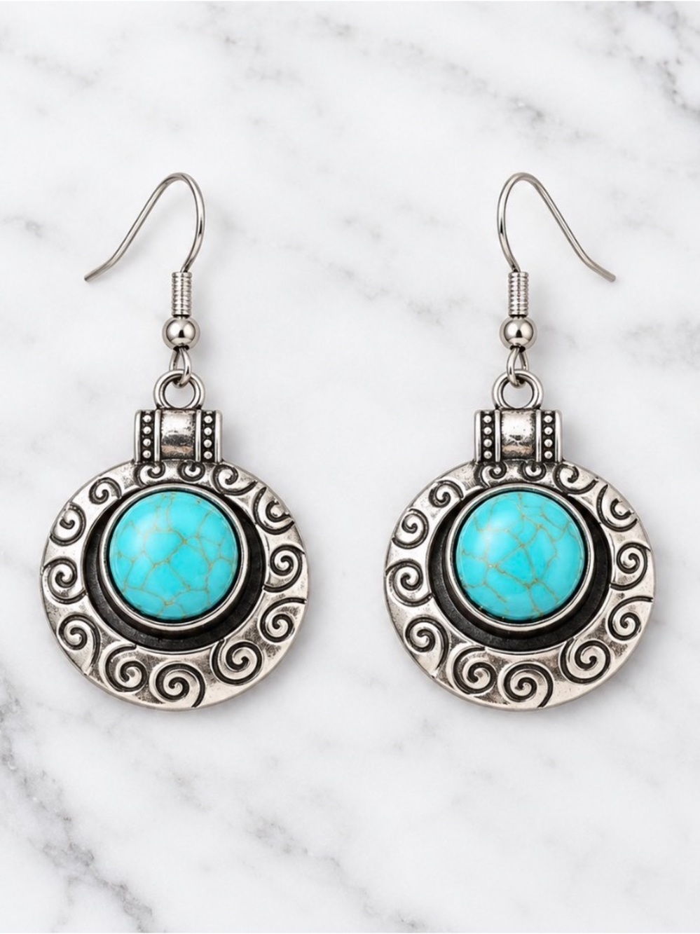Turquoise Stone Silver-Tone Drop Earrings - New